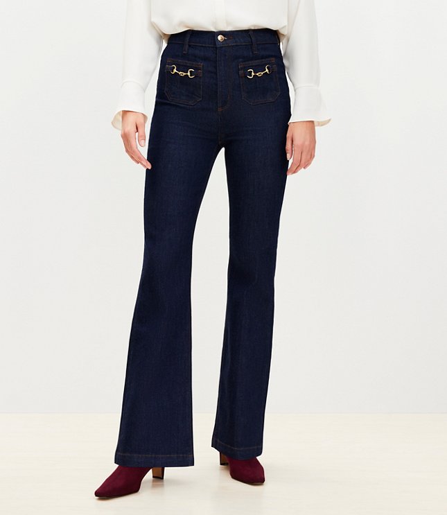 Petite Horsebit High Rise Slim Flare Jeans in Classic Rinse Wash