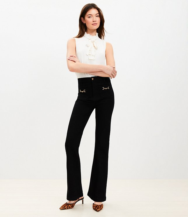 Petite Horsebit High Rise Slim Flare Jeans in Classic Black Wash