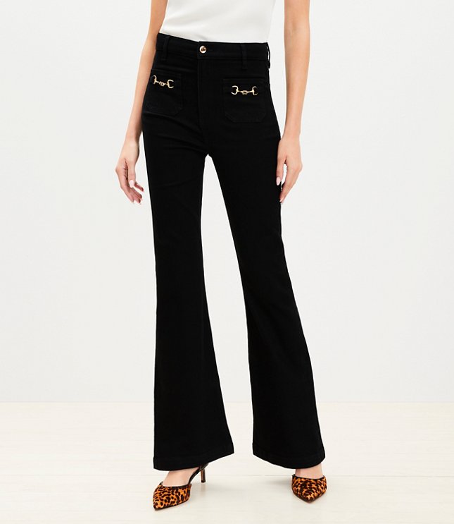 Petite Horsebit High Rise Slim Flare Jeans Classic Black Wash