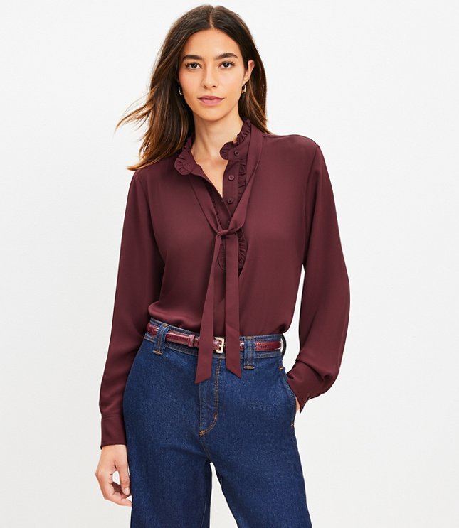 Petite Ruffle Tie Neck Blouse