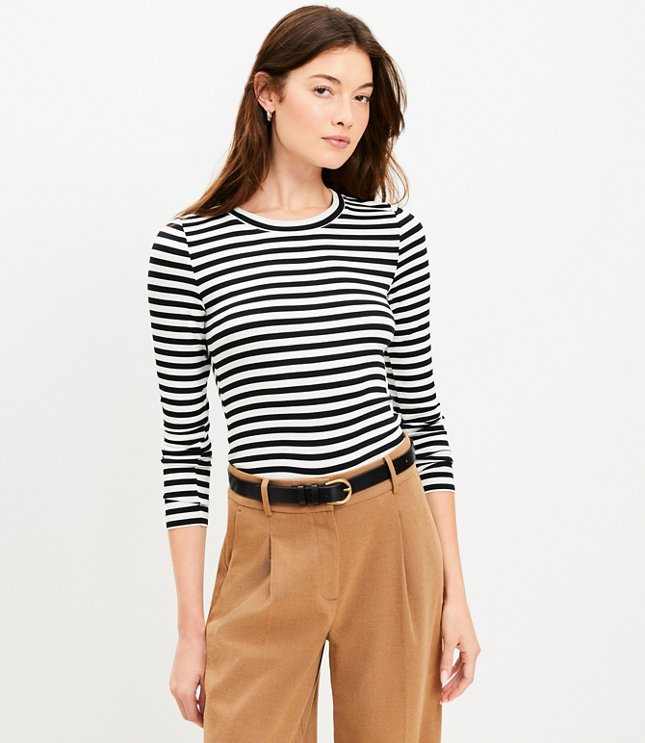 Striped Brushed Waffle Split Neck Tee