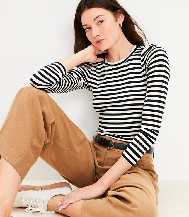 Petite Striped Long Sleeve Crew Neck Tee