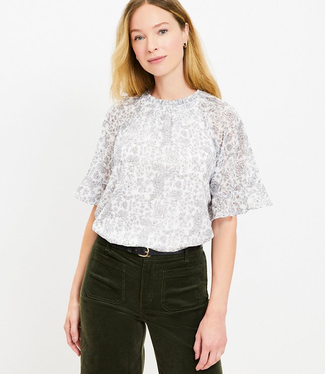 Petite Metallic Clip Etched Floral Ruffle Trim Blouse