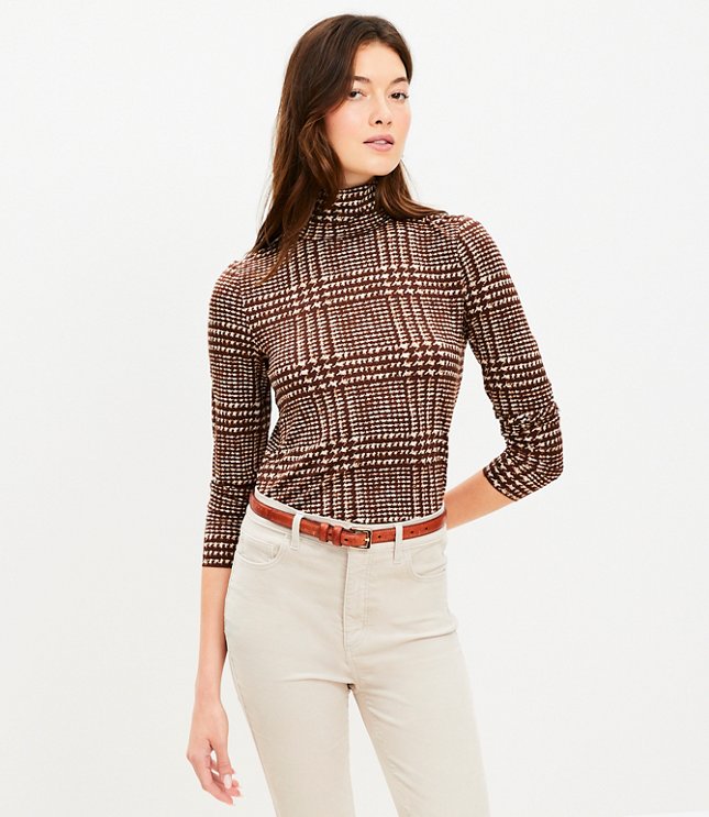 Petite Houndstooth Long Sleeve Turtleneck Top - Popcorn