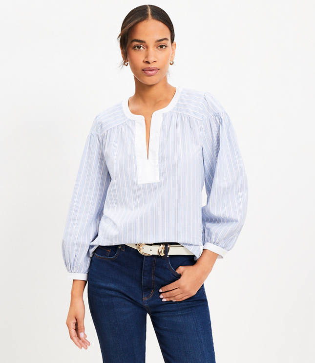 Petite Striped Split Neck Popover