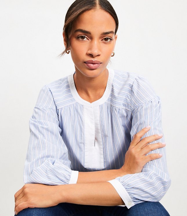 Petite Striped Split Neck Popover