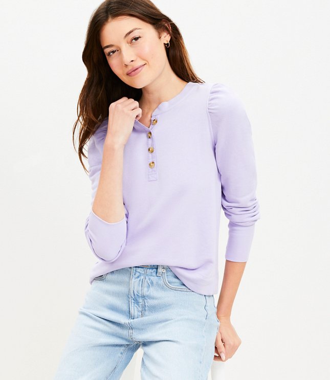 Petite Puff Sleeve Henley Mixed Media Sweatshirt