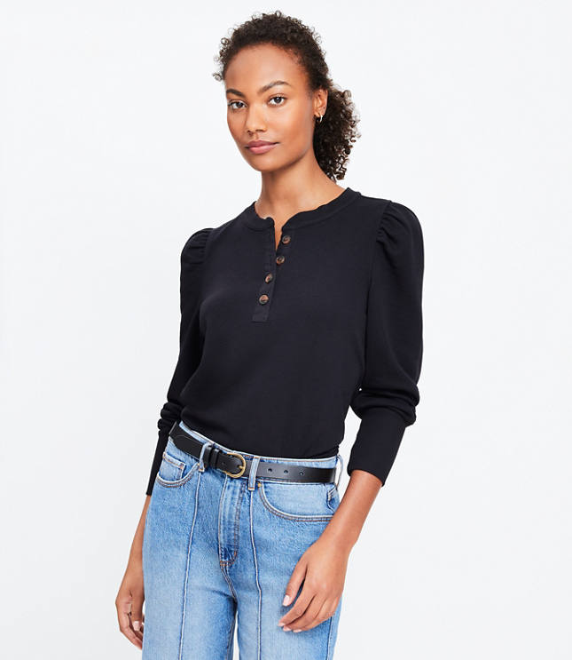 Petite Puff Sleeve Henley Mixed Media Sweatshirt