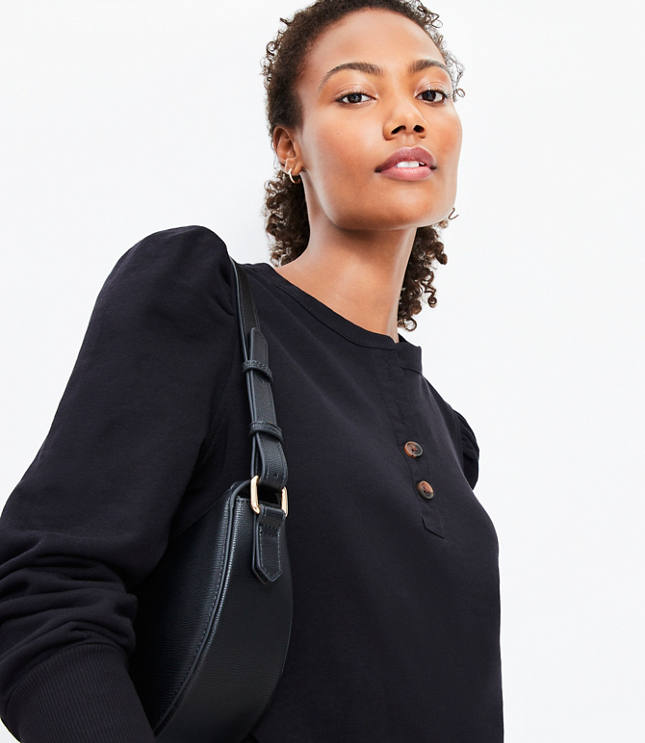 Petite Puff Sleeve Henley Mixed Media Sweatshirt
