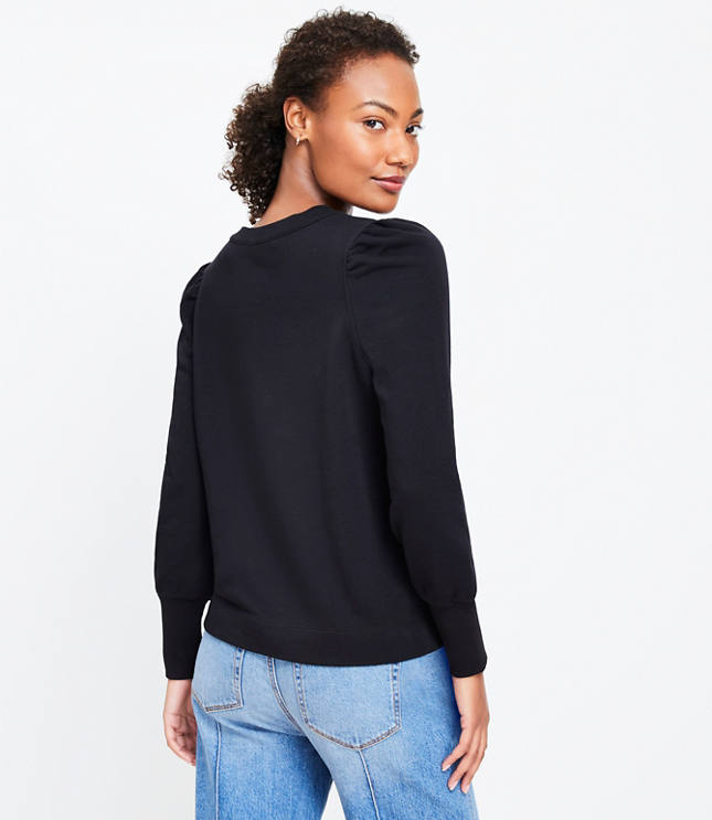 Petite Puff Sleeve Henley Mixed Media Sweatshirt