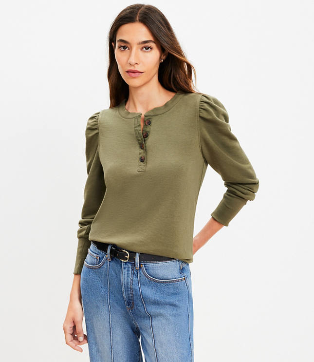 Petite Puff Sleeve Henley Mixed Media Sweatshirt