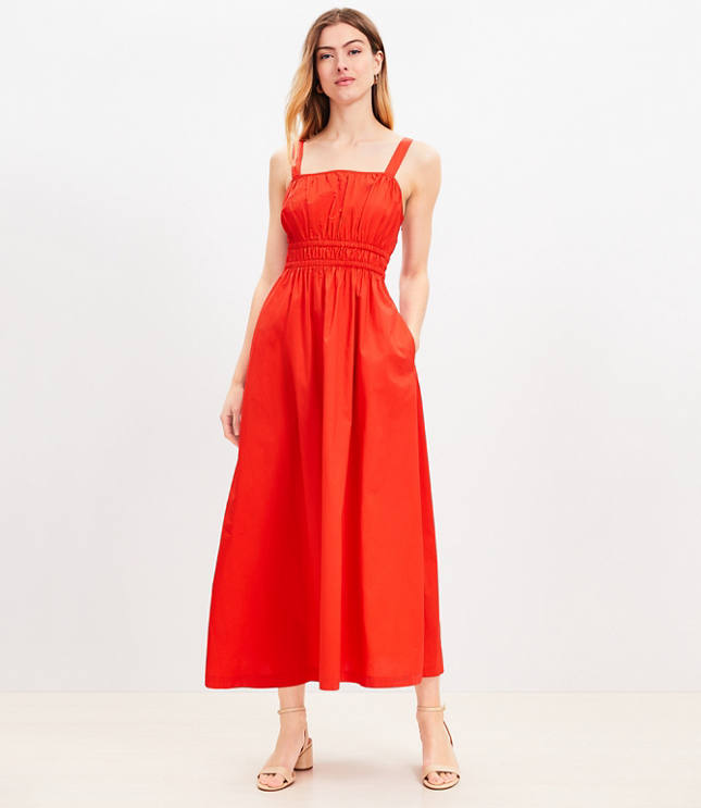 Petite Poplin Shirred Strappy Pocket Maxi Dress