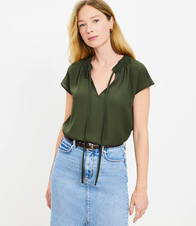 Petite Ruffle Tie Neck Mixed Media Top