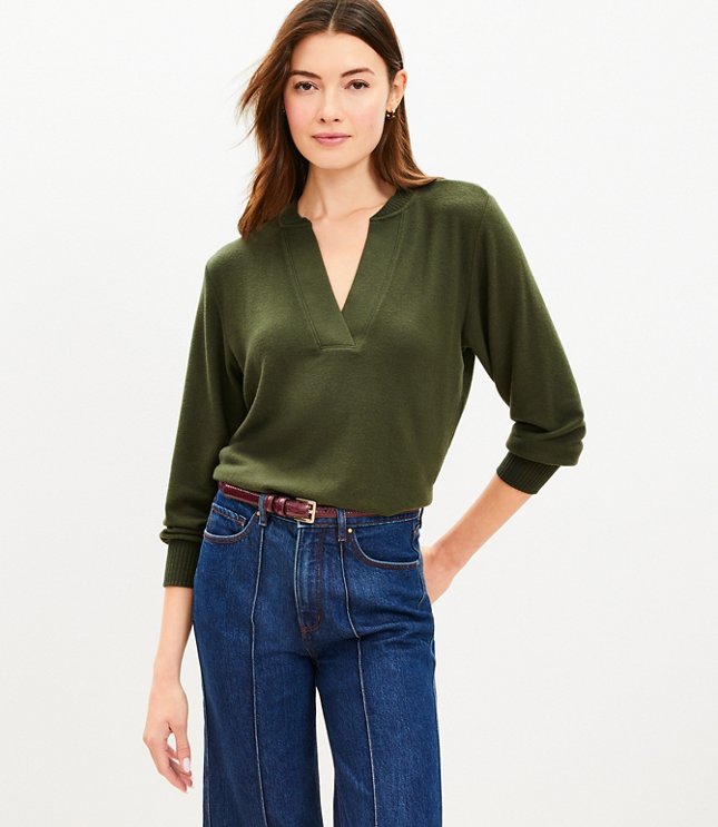 Petite Jersey Split Neck Top