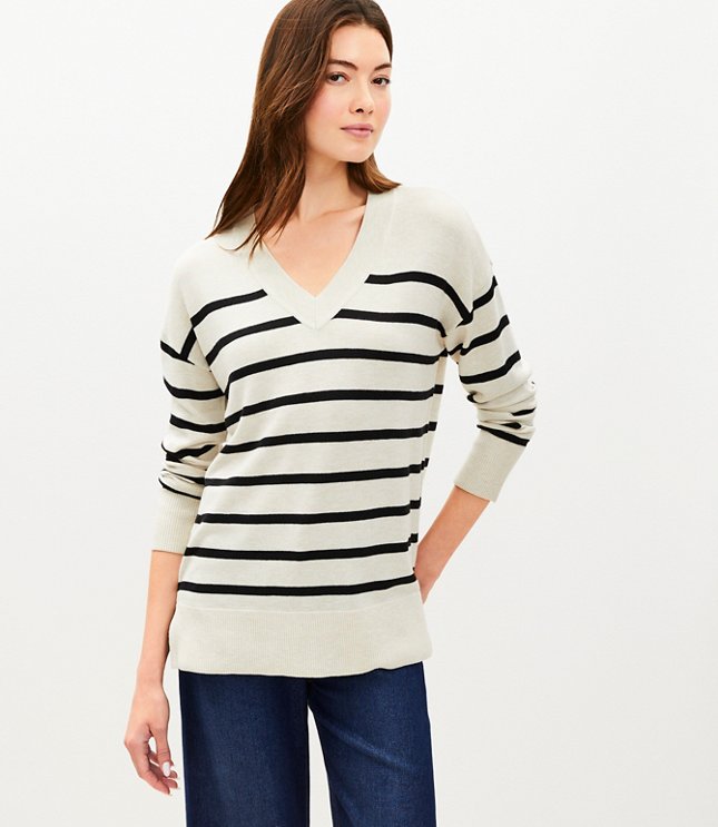 Petite Striped Luxe Knit V-Neck Tunic Sweater