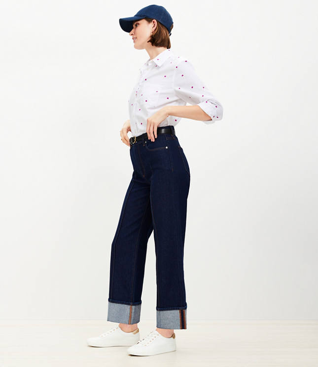 Pintucked Cuffed High Rise Wide Leg Crop Jeans Dark Rinse