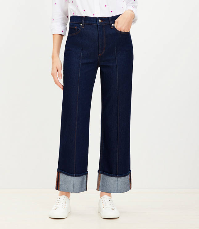 Pintucked Cuffed High Rise Wide Leg Crop Jeans in Dark Rinse