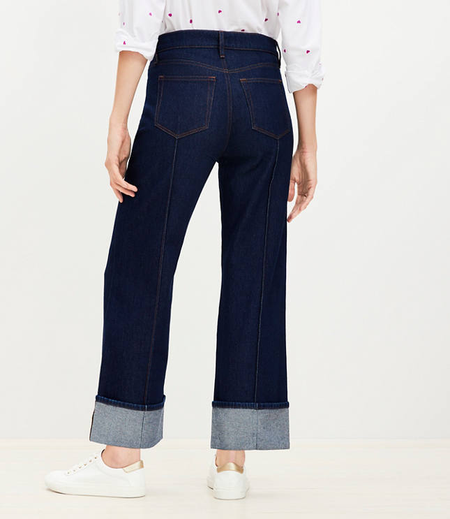 Pintucked Cuffed High Rise Wide Leg Crop Jeans Dark Rinse