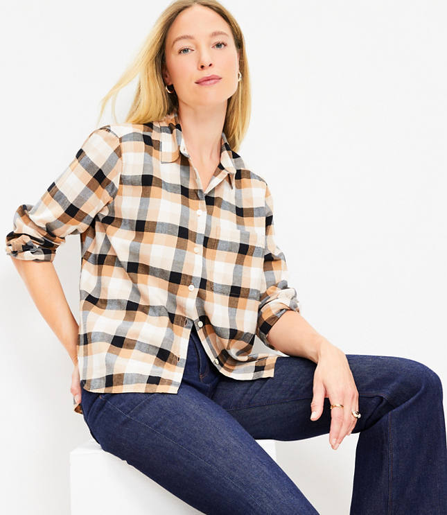 Petite Cotton Flannel Everyday Relaxed Pocket Tunic Shirt