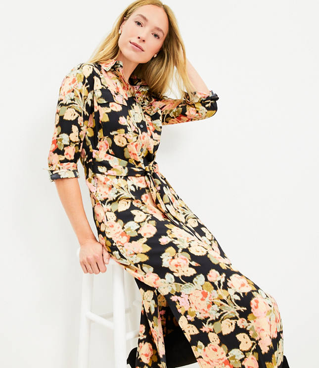 Petite Floral Belted Midi Pocket Shirtdress