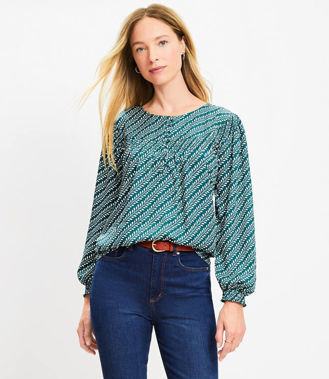 Loft Petite Leafed Smocked Trim Mixed Media Blouse