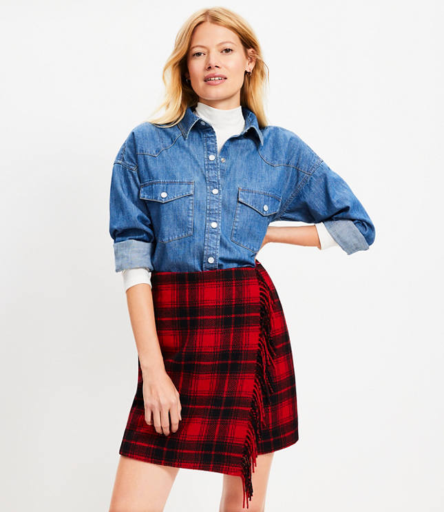 Plaid Fringe Mini Wrap Skirt