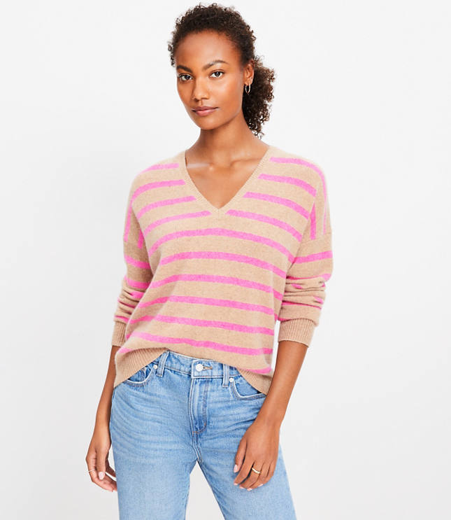 Stripe Relaxed V-Neck Cashmere Sweater