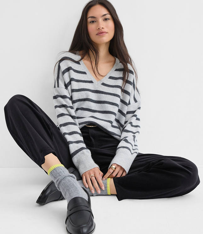 Stripe Relaxed V-Neck Cashmere Sweater