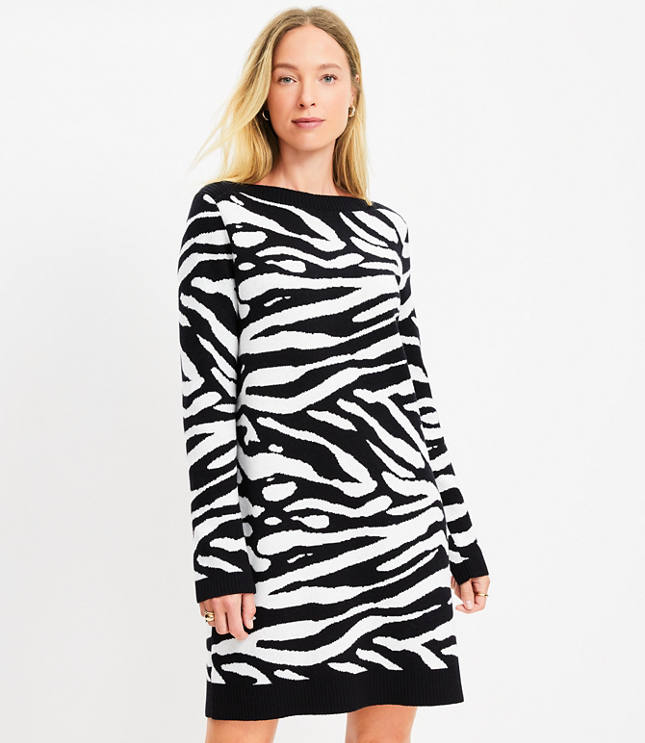 Petite Zebra Print Boatneck Ribtrim Flare Sleeve Sweater Dress