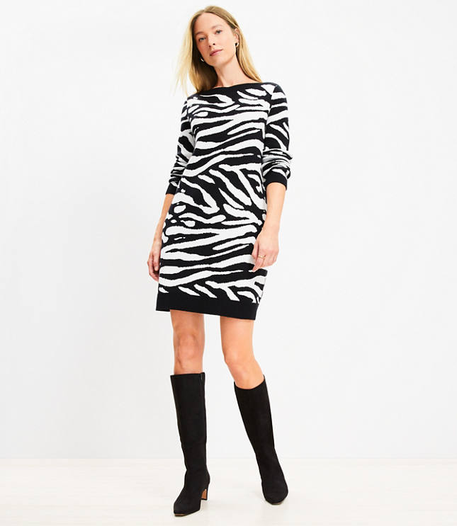 Petite Zebra Print Boatneck Ribtrim Flare Sleeve Sweater Dress