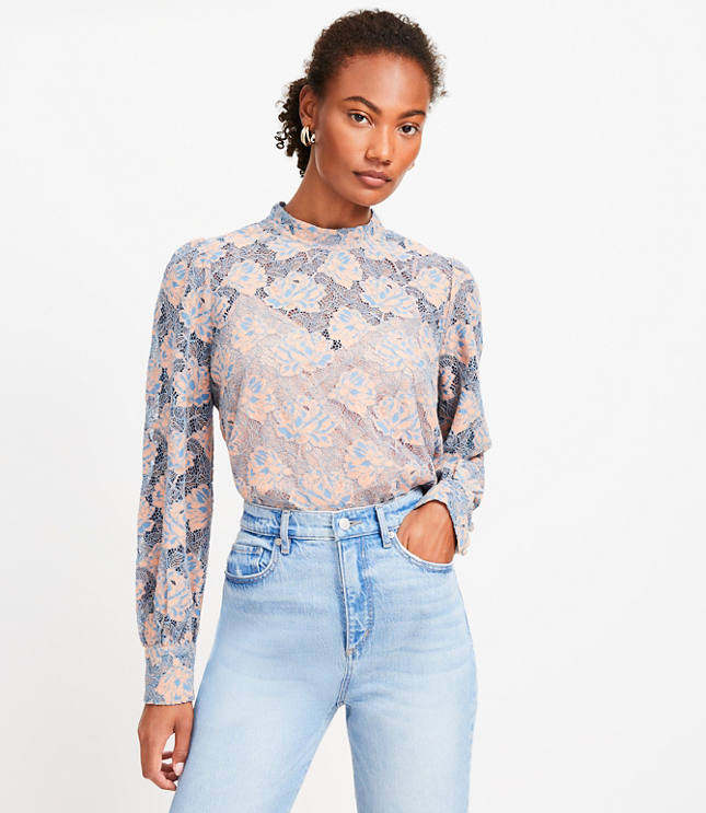 Floral Lace Mock Neck Blouse