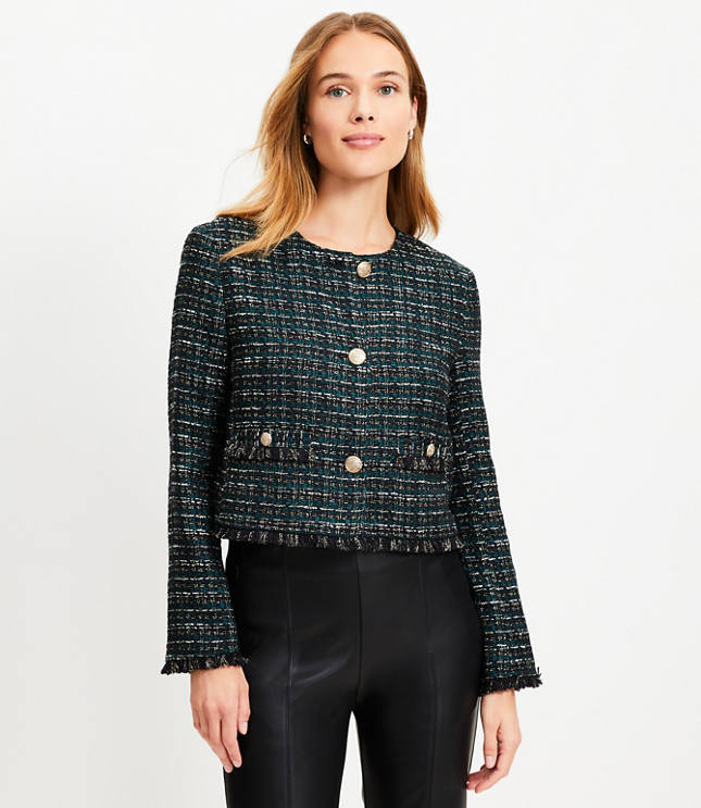 Petite Metallic Tweed Collarless Jacket