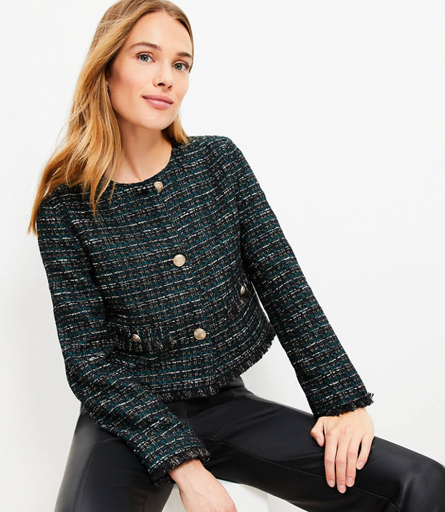 Petite Metallic Tweed Collarless Jacket