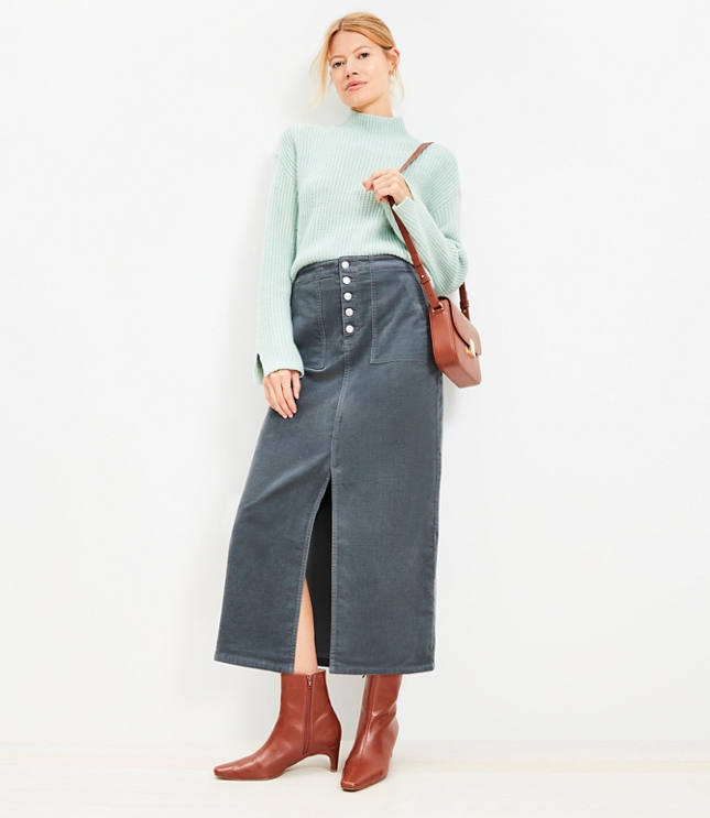 Corduroy Button Front Midi Pocket Skirt