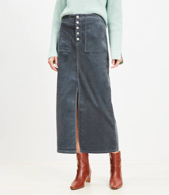 Corduroy Button Front Midi Pocket Skirt