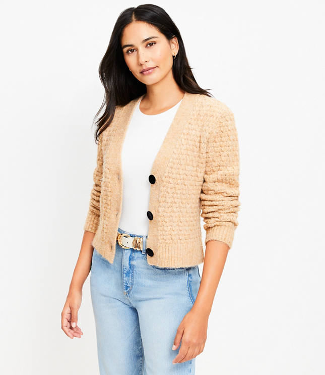 Petite Velvet Button Textured V-Neck Cardigan