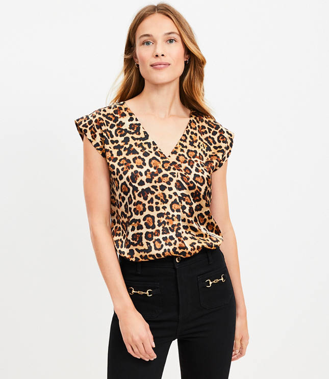 Petite Leopard Print Satin Cap Sleeve V-Neck Top