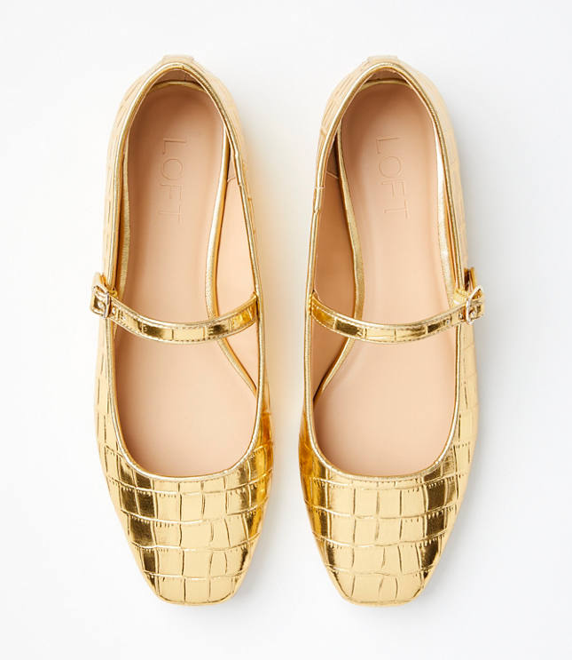 Metallic Embossed Buckle Strap Ballet Flats