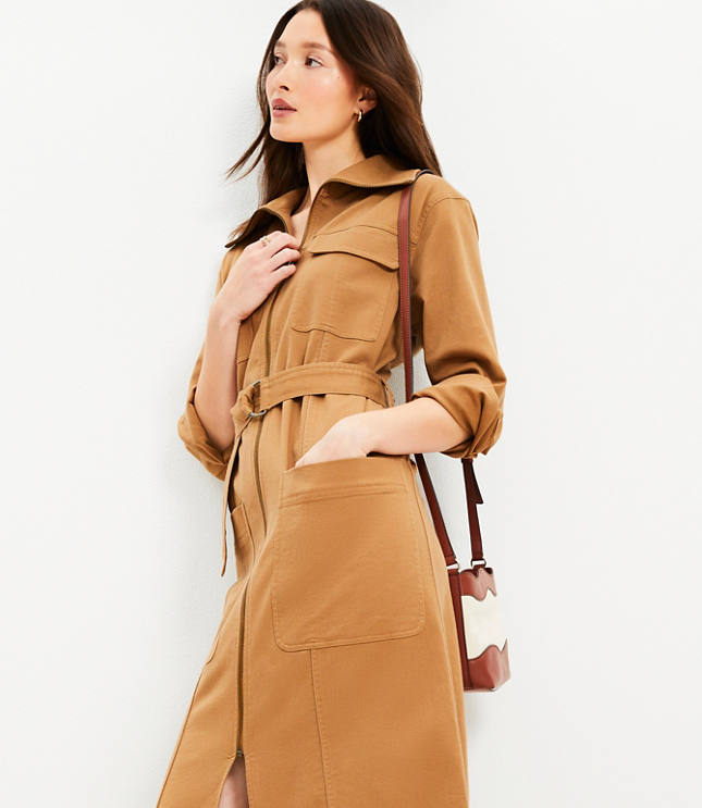 Twill Zip Midi Pocket Dress