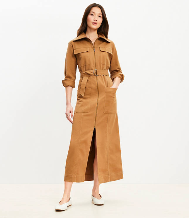 Twill Zip Midi Pocket Dress