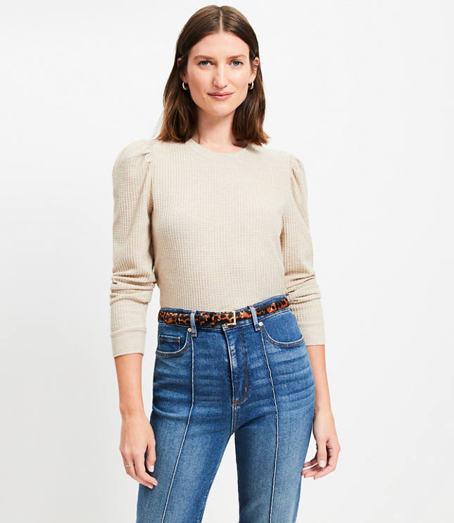 Heathered Brushed Waffle Puff Sleeve Top