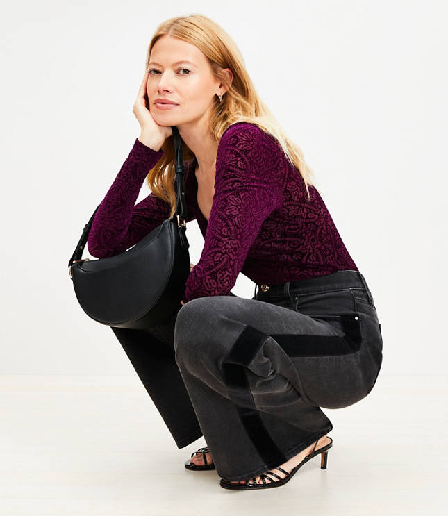 Petite Velvet Stripe High Rise Wide Leg Jeans in Washed Black carousel Product Image 1