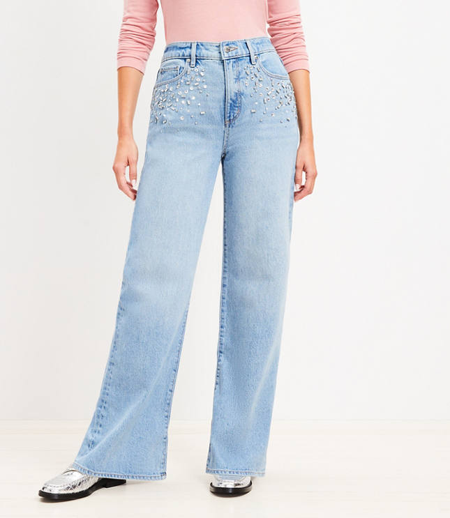 Curvy Sparkle High Rise Wide Leg Jeans in Light Wash Indigo