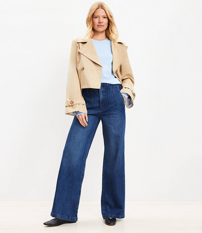 Pleated High Rise Wide Leg Jeans in Dark Wash