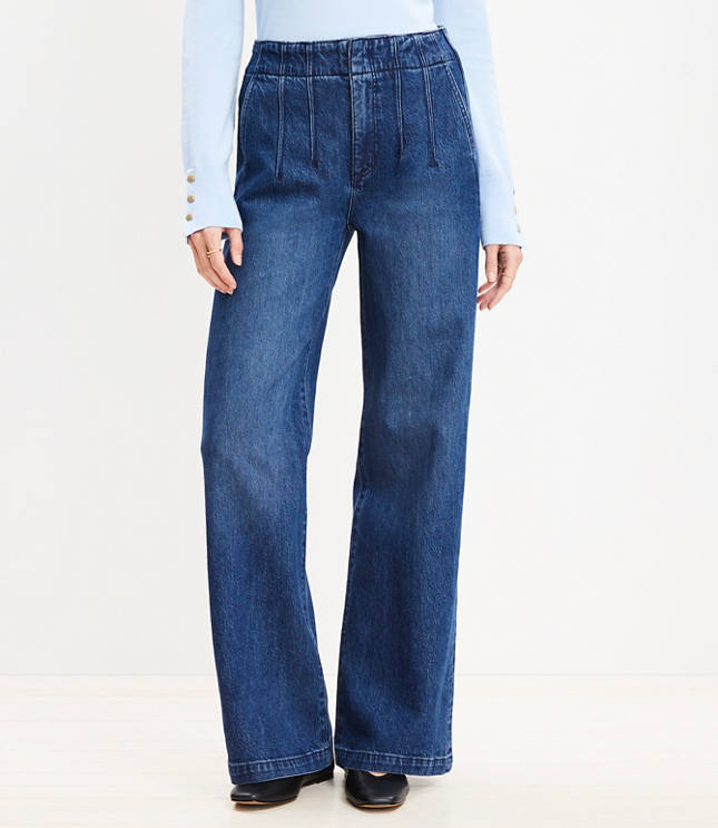 Pleated High Rise Wide Leg Jeans in Dark Wash