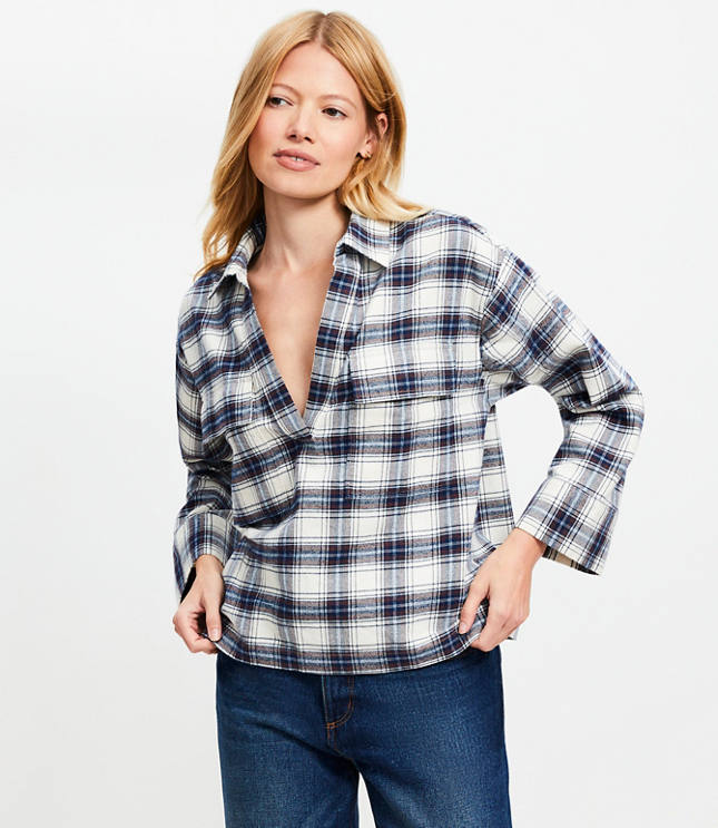 Plaid Flannel V-Neck Pocket Popover