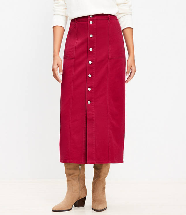 Petite Twill Button Pocket Midi Skirt