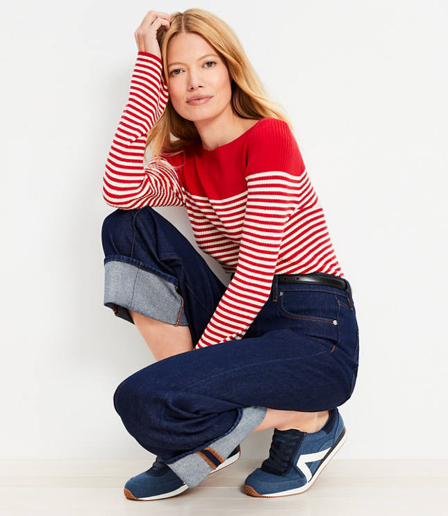 Petite Striped Boatneck Flare Sleeve Sweater