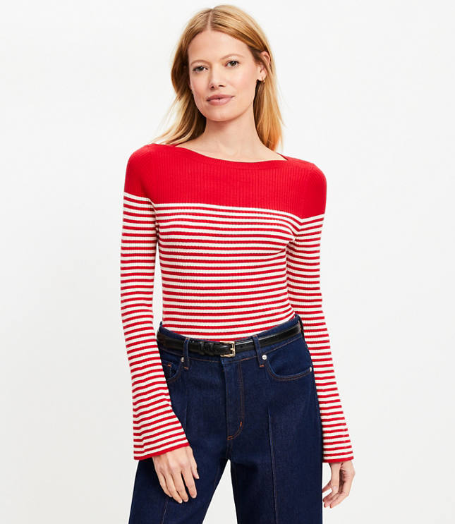 Petite Striped Boatneck Flare Sleeve Sweater