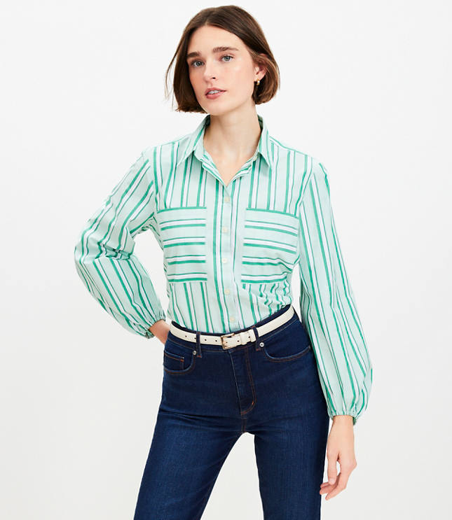 Striped Poplin Blouson Sleeve Pocket Shirt